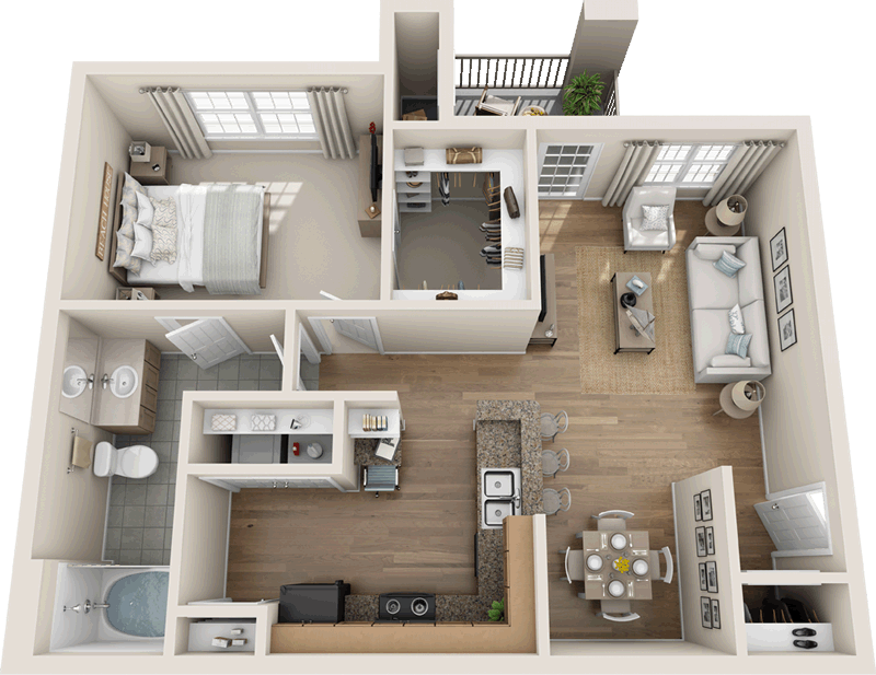 Floor plan for 1 bed, 1 bath, 750 sqft